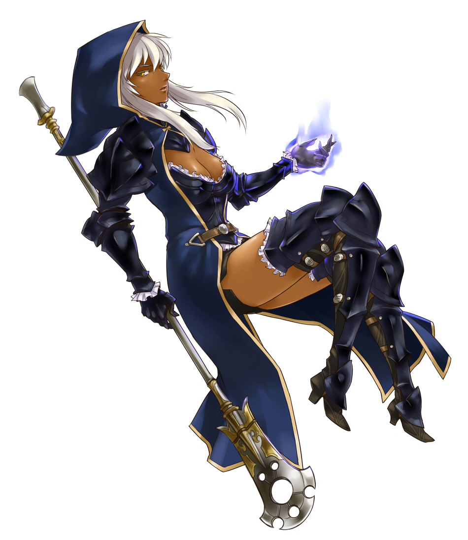 breasts, cleavage, dark_skin, glowing, glowing_hand, gus_(clarkii), long_hair, original, pixiv_fantasia, simple_background, solo, staff, white_hair, yellow_eyes