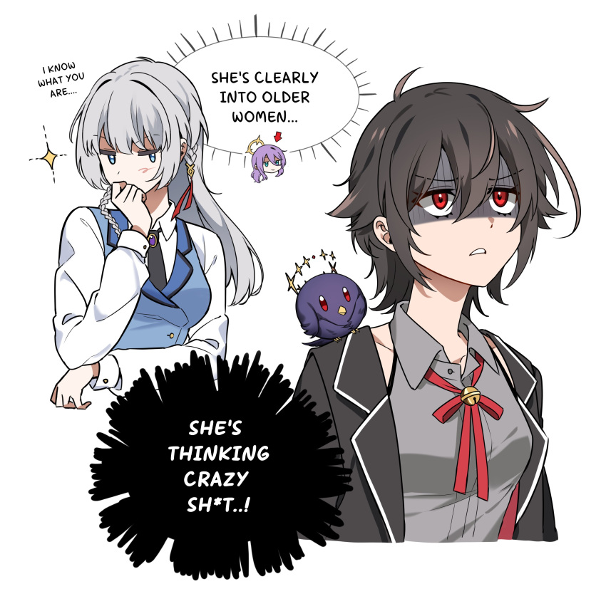 absurdres, animal_on_shoulder, bird, bird_on_shoulder, black_hair, black_necktie, blue_eyes, blue_vest