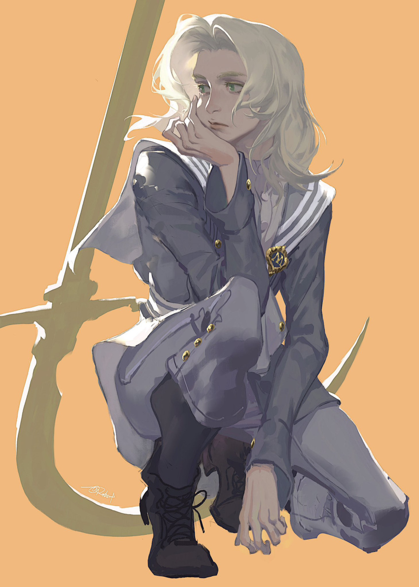 1boy, alternate_costume, androgynous, black_shoes, blonde_hair, closed_mouth, exclusiverobert, green_eyes, hashtag-only_commentary, highres, lies_of_p, long_hair, looking_to_the_side, male_focus, on_one_knee, orange_background, romeo_(lies_of_p), scythe, shoes, simple_background, weapon