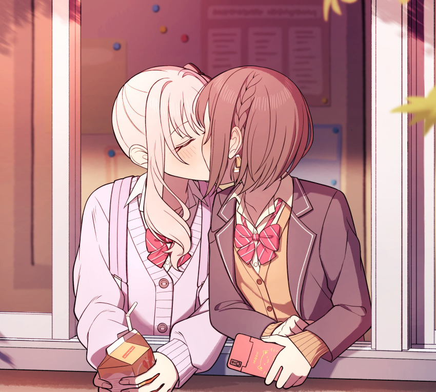 1girl, 1other, akiyama_mizuki, black_jacket, brown_hair, cardigan, closed_eyes, collared_shirt, drink_carton, highres, holding, holding_drink_carton, holding_phone, jacket, kiss, leaf, long_hair, long_sleeves, mutu_(25love), open_clothes, open_jacket, phone, pink_cardigan, pink_hair, project_sekai, shinonome_ena, shirt, short_hair, side_ponytail, through_window, vest, white_shirt, yellow_vest