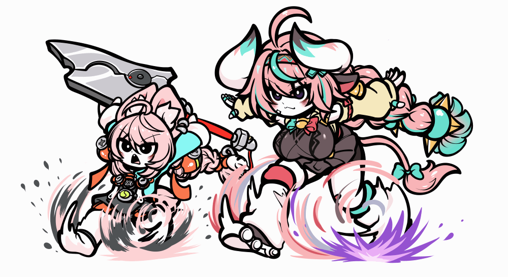 2girls, ahoge, animal_ears, animated, animated_gif, braid, breasts, commentary_request