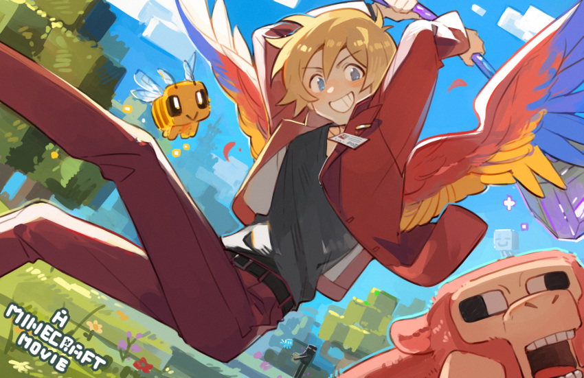 1boy, 2others, a_minecraft_movie, allay, alternate_costume, animification, axe, bee