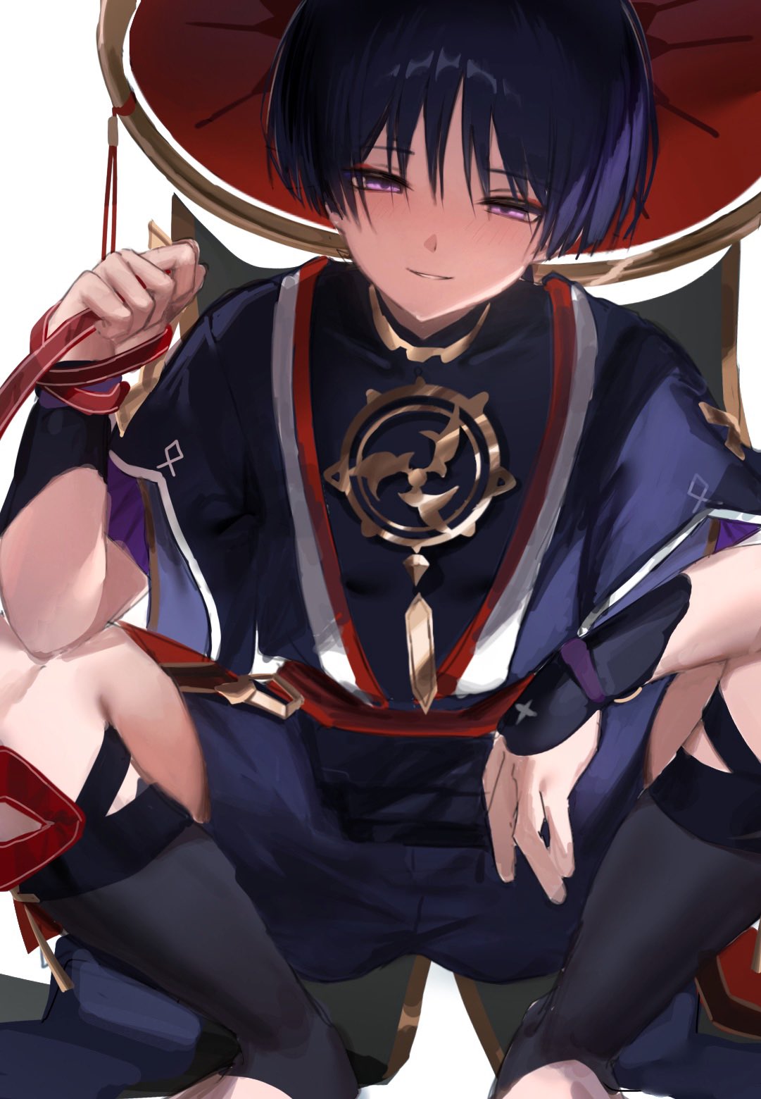 1boy, arm_on_own_leg, armor, black_bodysuit, black_hair, black_kimono, black_shorts, black_sleeves