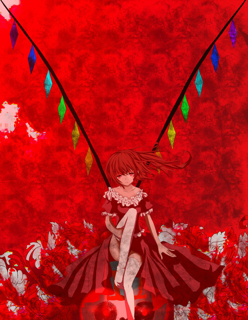 alternate_hair_color, bad_id, blonde_hair, darwinwu, dress, flandre_scarlet, highres, leg_up