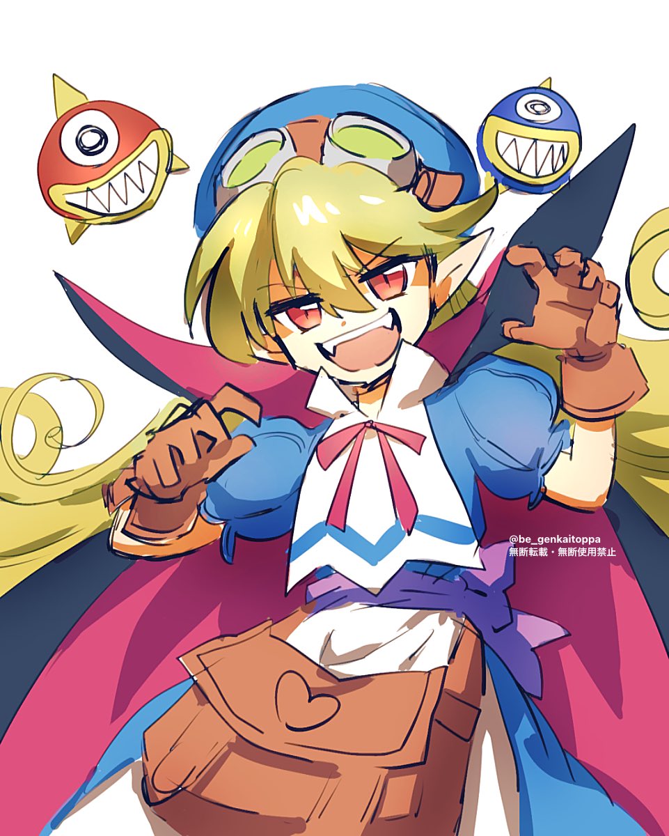 1girl, apron, bag, blonde_hair, blue_hat, bow, brown_bag, cape