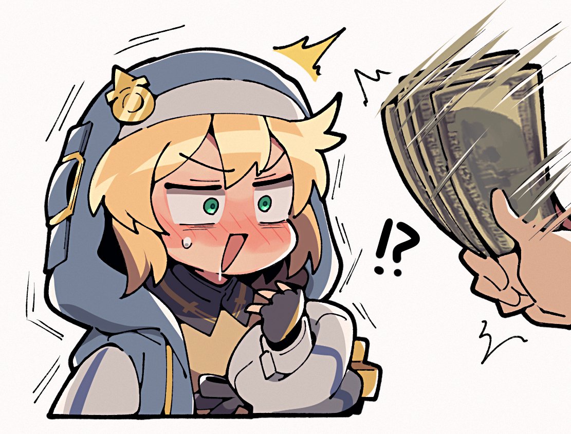 !?, 1girl, ^^^, androgyne_symbol, black_gloves, blonde_hair, blue_jacket, blush