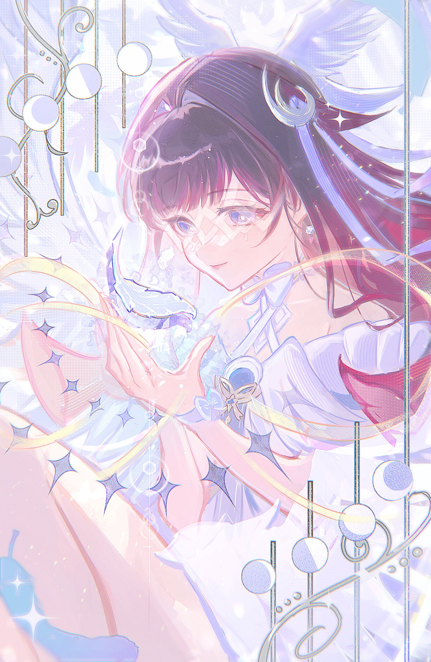 1girl, absurdres, arm_ribbon, bare_shoulders, black_hair, bow, bright_pupils, columbina_(genshin_impact)