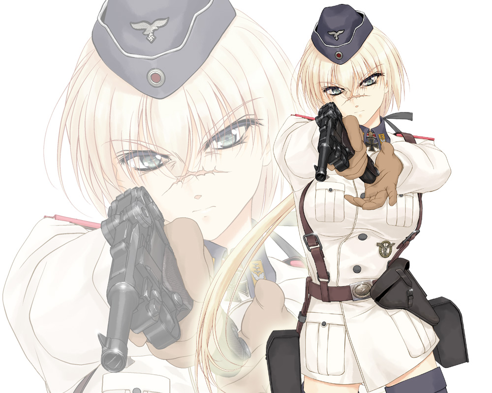 blue_eyes, garrison_cap, gloves, gun, handgun, hanna_rudel, hat, holster, long_hair, luger_p08, military, military_uniform, pistol, ponytail, scar, solo, sousei_ou, strike_witches, swastika, uniform, weapon, zoom_layer