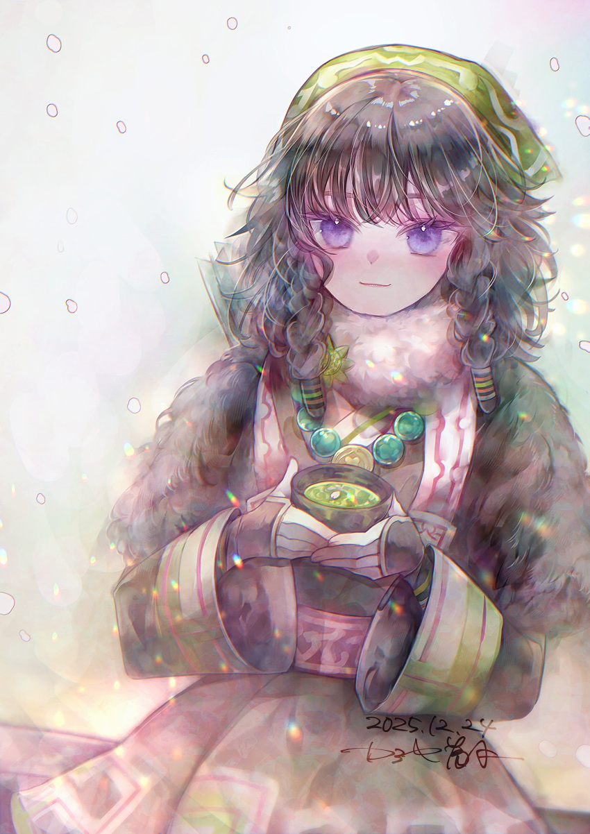 1girl, ainu_clothes, aqlio, black_hair, braid, braided_sidelocks, green_headscarf, headscarf, highres, looking_at_viewer, pilika_(rune_factory), rune_factory, rune_factory:_guardians_of_azuma, solo, upper_body, violet_eyes