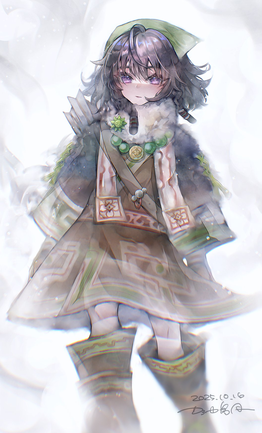 1girl, ainu_clothes, aqlio, black_hair, boots, braid, braided_sidelocks, green_headscarf, headscarf, highres, looking_at_viewer, pilika_(rune_factory), rune_factory, rune_factory:_guardians_of_azuma, violet_eyes