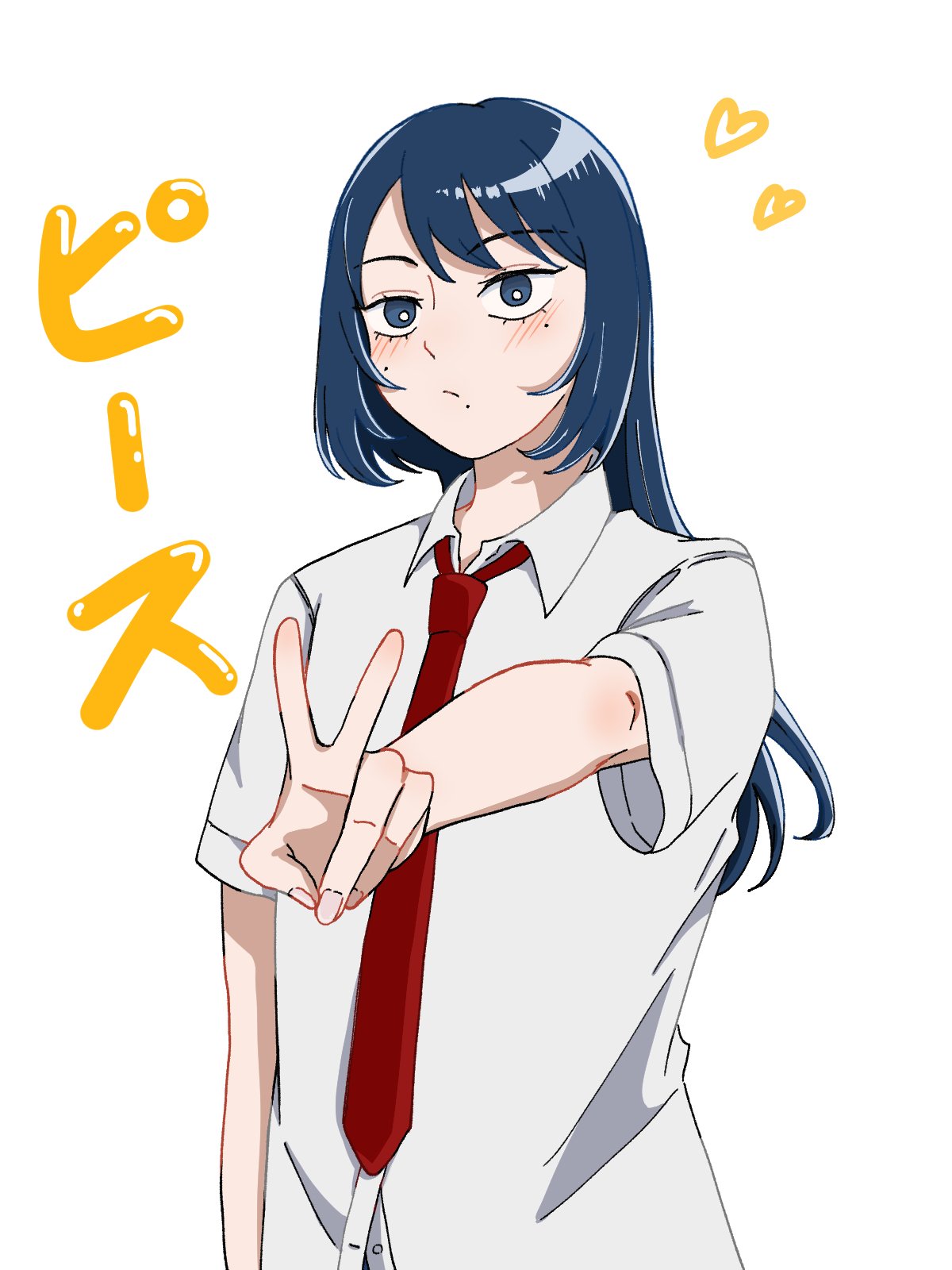 1girl, :/, blue_eyes, blue_hair, blush, collared_shirt, commentary_request, dress_shirt, futsuu_no_keion-bu, heart, highres, ikkyo_0208, kameya_san, long_hair, mole, mole_on_cheek, mole_under_eye, mole_under_mouth, necktie, outstretched_arm, red_necktie, school_uniform, shirt, short_sleeves, simple_background, solo, upper_body, v, white_background