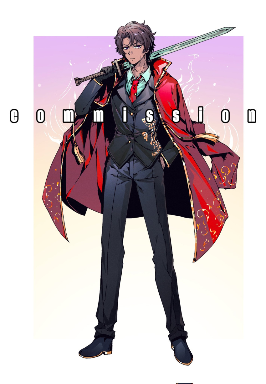 1boy, black_jacket, black_pants, black_shoes, brown_hair, coat, coat_on_shoulders, colored_shoe_soles, commentary_request, commission, dao, dragon_print, full_body, heathcliff_(project_moon), highres, holding, holding_sword, holding_weapon, jacket, lapels, limbus_company, liu_association_south_uniform, looking_at_viewer, nana_nana_bot, necktie, notched_lapels, pants, project_moon, red_coat, red_necktie, shoes, solo, sword, violet_eyes, weapon