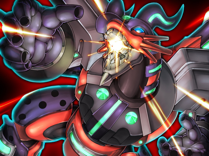 blue_eyes, borreload_dragon, cannon, commentary, dragon_horns, duel_monster, english_commentary, highres
