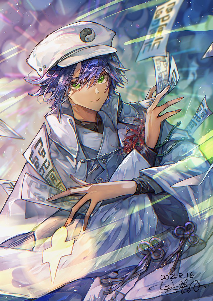 aqlio, black_hair, commentary_request, dark-skinned_male, dark_skin, green_eyes, hair_between_eyes, ikaruga_(rune_factory)