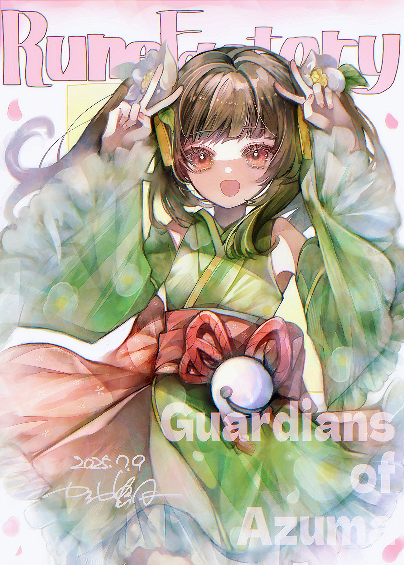 1girl, aqlio, black_hair, commentary_request, flower, green_kimono, hair_flower, hair_ornament