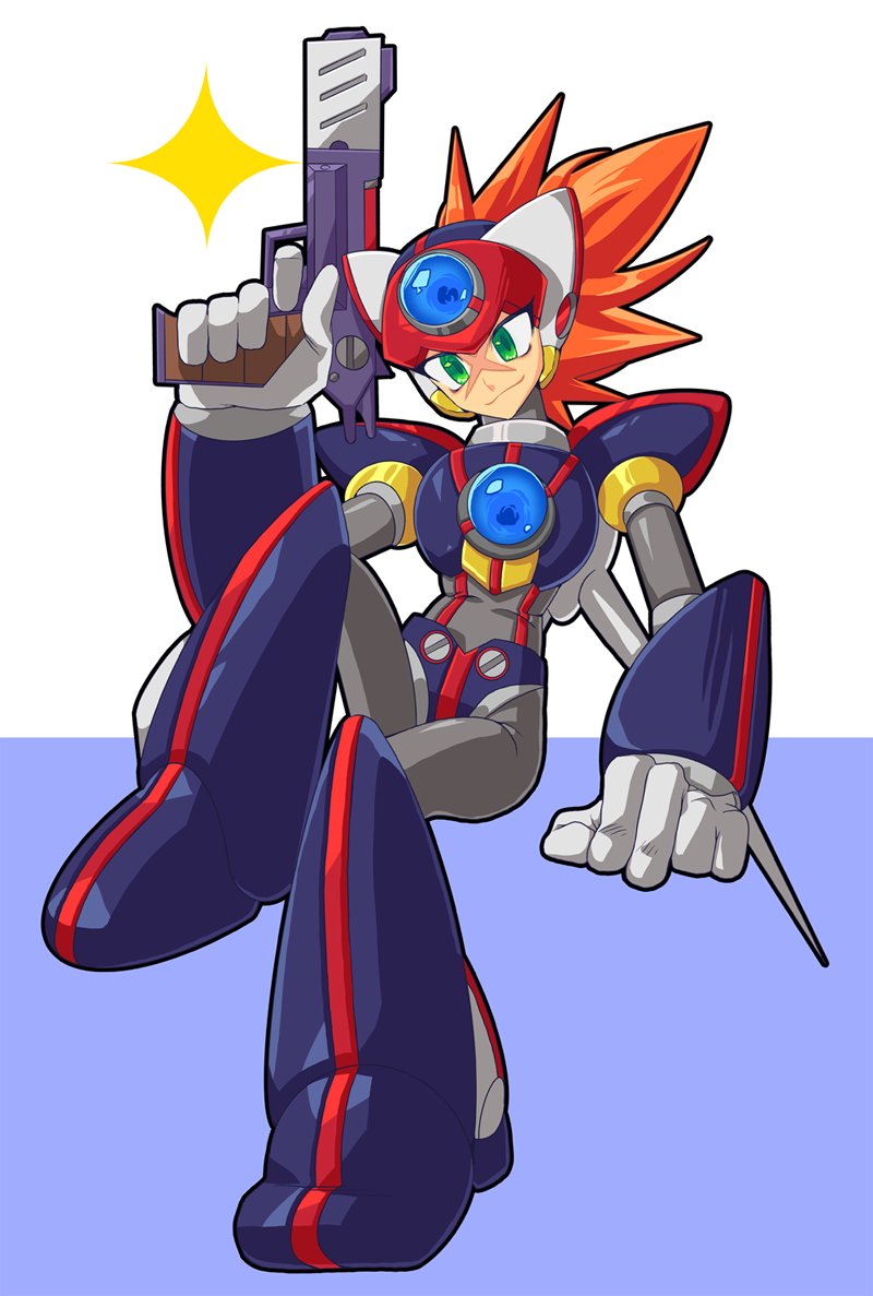 1boy, armor, axl_(mega_man), black_armor, blue_background, brown_hair, chest_jewel, closed_mouth, commentary_request, cross_scar, finger_on_trigger, forehead_jewel, full_body, g_nm_k, green_eyes, gun, helmet, holding, holding_gun, holding_weapon, invisible_chair, korean_commentary, mega_man_(series), mega_man_x_(series), red_helmet, scar, scar_on_face, simple_background, sitting, smile, solo, sparkle, weapon, white_background