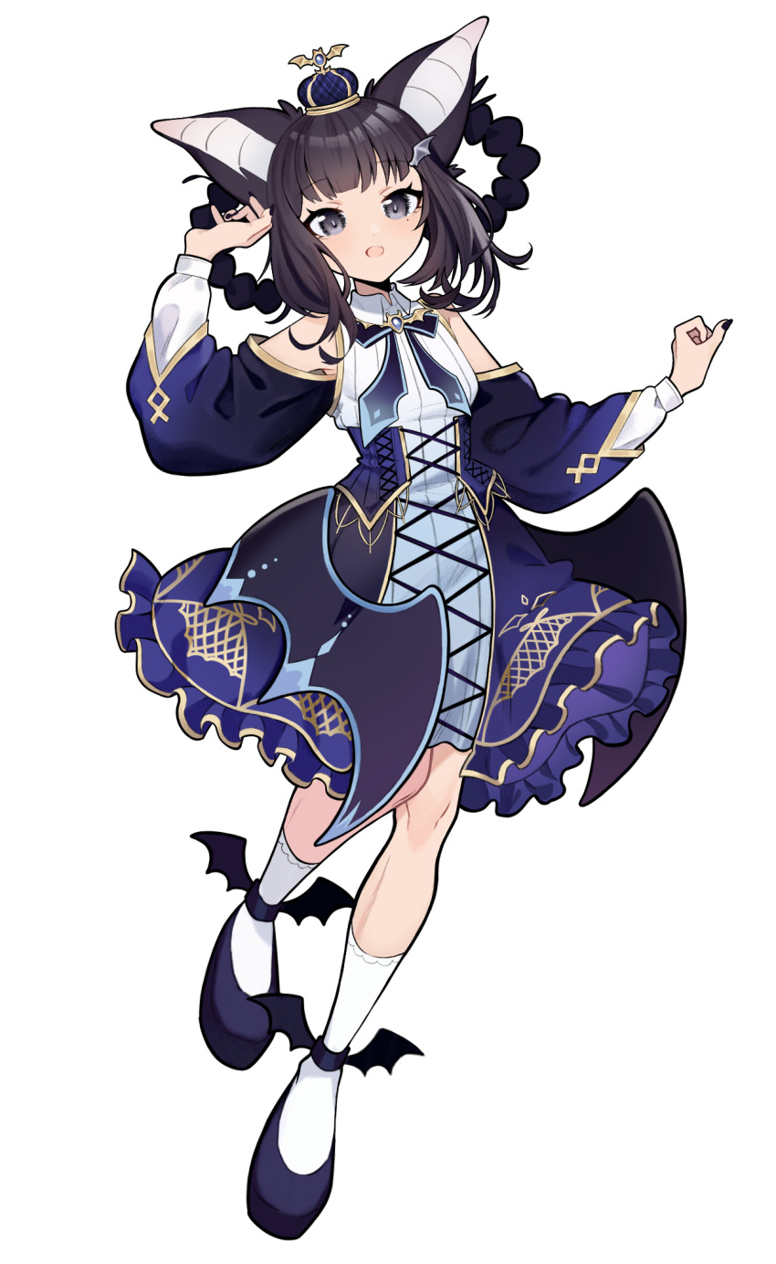 1girl, animal_ears, bat_ears, bat_girl, black_hair, black_shoes, blue_corset, blue_dress
