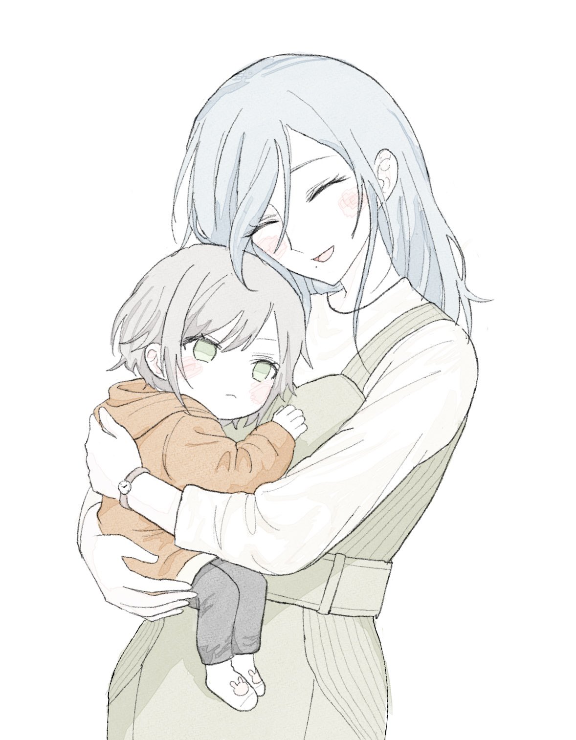 2girls, :d, ^_^, aged_down, animal_print, black_pants, blue_hair, blush