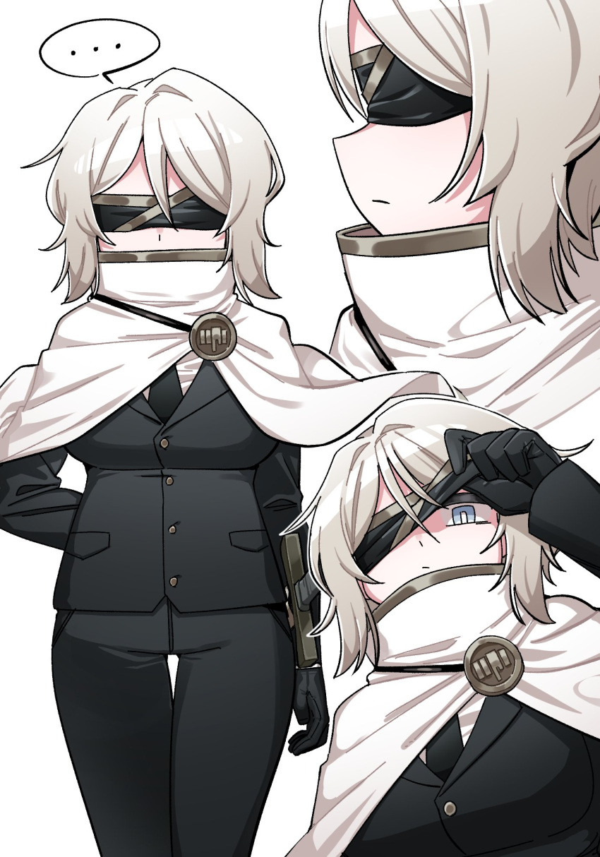 ..., 1girl, arm_behind_back, black_gloves, black_necktie, black_pants, black_suit, blindfold, blindfold_pull, blue_eyes, bright_pupils, cape, closed_mouth, commentary, facing_viewer, faust_(project_moon), fey_(whitepaper), gloves, highres, index_(identity)_(project_moon), limbus_company, medium_hair, multiple_views, necktie, pants, project_moon, simple_background, spoken_ellipsis, standing, suit, white_background, white_cape, white_hair, white_pupils