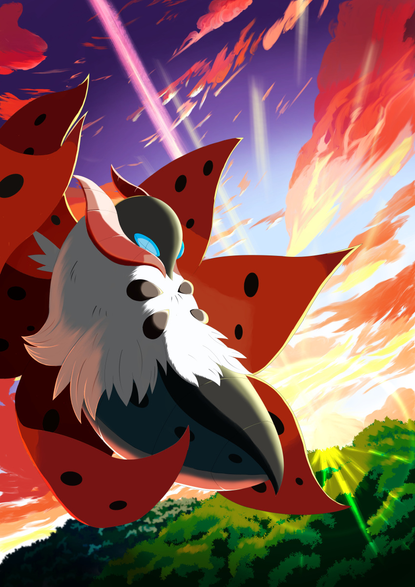 +_+, absurdres, blue_eyes, blue_sclera, bug, clouds, cloudy_sky, colored_sclera, fluffy, flying, forest, gin112930, highres, insect_wings, morning, morning_sun_(pokemon), moth, multiple_wings, nature, no_humans, pokemon, pokemon_(creature), pokemon_bw, pokemon_focus, pokemon_move, sky, sunrise, tree, volcarona, white_fur, wings