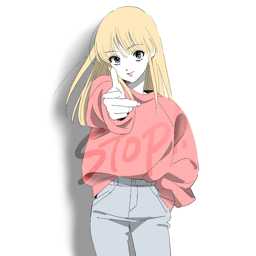 1boy, black_eyes, blonde_hair, blue_pants, closed_mouth, cowboy_shot, denim, english_text