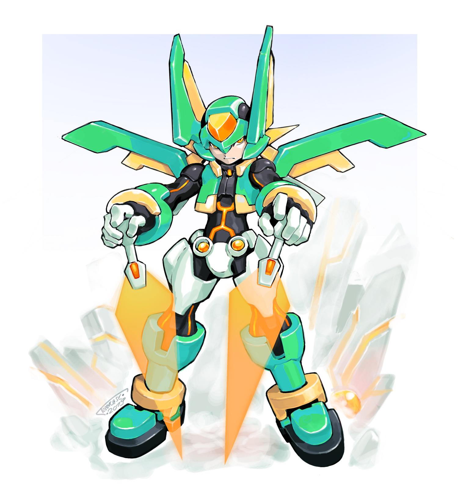 2019, armor, artist_name, bodysuit, boots, border, commentary, energy_sword
