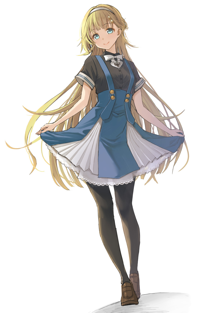 1girl, ascot, backlighting, black_pantyhose, black_shirt, blonde_hair, blue_eyes, bow