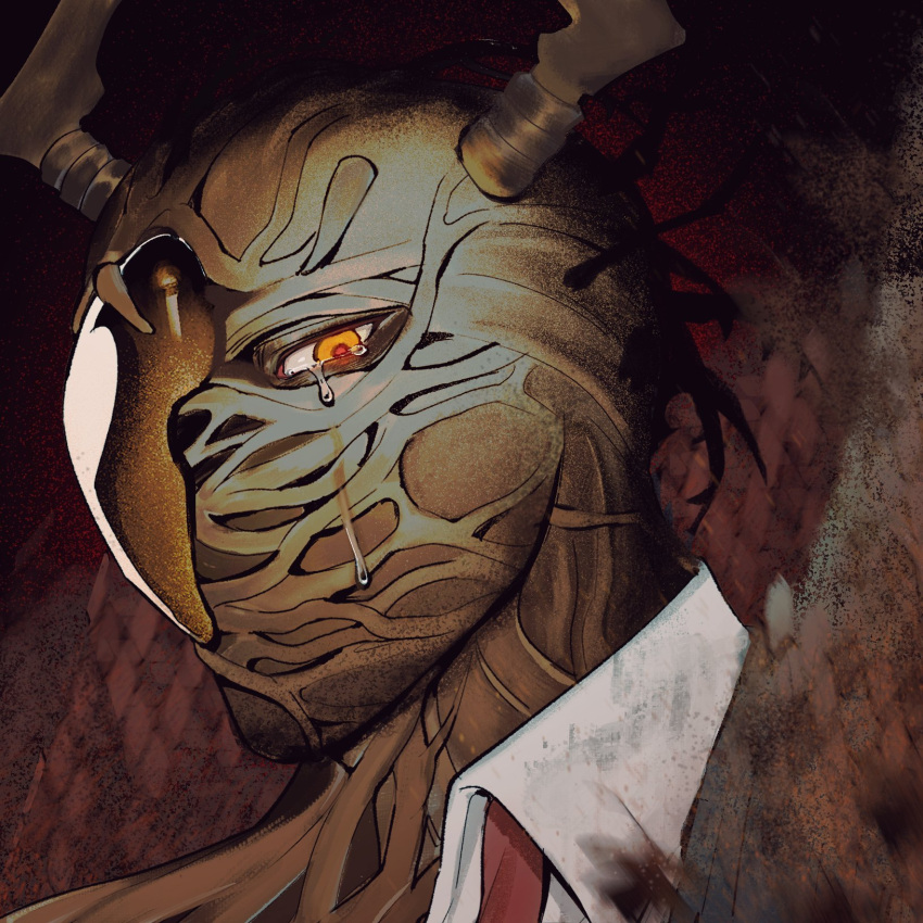 1boy, arthropod_boy, black_hair, commentary, crying, english_commentary, gregor_(project_moon), highres, hiu_bucin, horns, limbus_company, looking_at_viewer, male_focus, orange_eyes, project_moon, shirt, solo, spoilers, streaming_tears, tears, the_roach_emperor, white_shirt