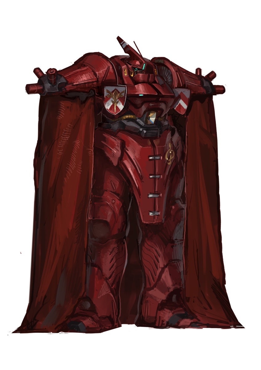 absurdres, char's_counterattack, cloak, full_body, fusion, green_eyes, gundam, hashtag-only_commentary