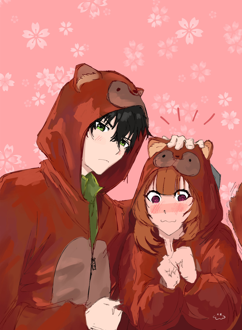 1boy, 1girl, @_@, absurdres, animal_ears, artist_logo, black_hair, blunt_bangs, blush, brown_hair, cherry_blossoms, closed_mouth, commentary, cosplay, emmiaw, english_commentary, fake_animal_ears, floral_background, frown, green_eyes, green_shirt, hand_up, hands_up, highres, hood, hood_up, iwatani_naofumi, kigurumi, logo, long_hair, looking_at_viewer, looking_down, looking_to_the_side, nose_blush, onesie, pink_background, raccoon_girl, raccoon_tail, raphtalia, shirt, short_hair, smile, tail, tail_wagging, tate_no_yuusha_no_nariagari, upper_body, violet_eyes, watermark, wavy_mouth, white_background
