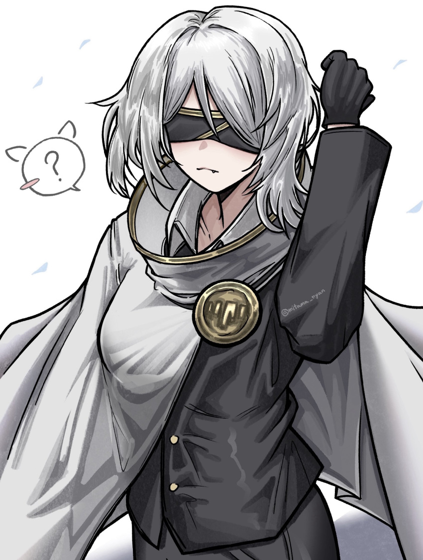 1girl, ?, absurdres, black_gloves, black_pants, black_suit, blindfold, buttons, cape, closed_mouth, commentary, english_commentary, facing_viewer, fang, fang_out, faust_(project_moon), gloves, highres, index_(identity)_(project_moon), limbus_company, medium_hair, mitama_nyan, pants, project_moon, solo, spoken_question_mark, suit, white_background, white_cape, white_hair