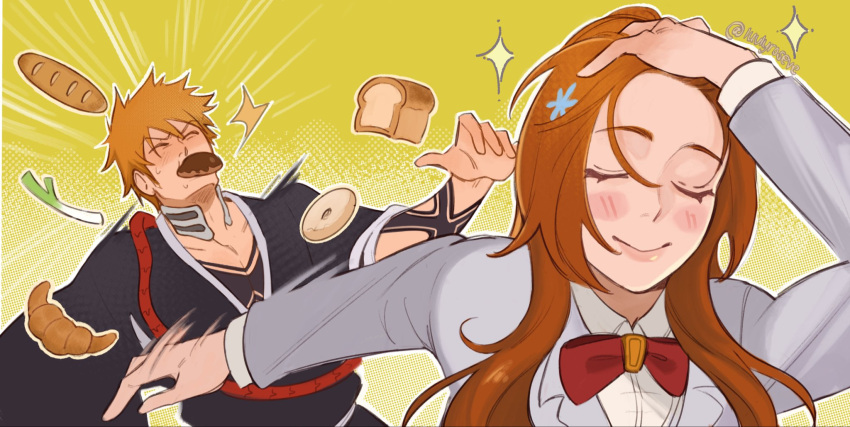 1boy, 1girl, adjusting_hair, afterimage, baguette, black_kimono, bleach, blush