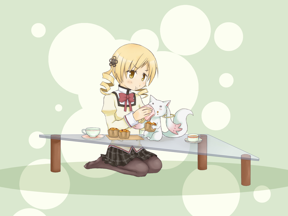 black_legwear, blonde_hair, cup, drill_hair, hair_ornament, kyubey, mahou_shoujo_madoka_magica, pantyhose