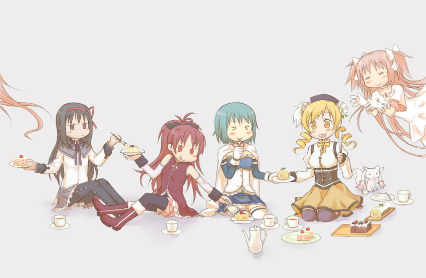 >_<, :d, :q, =_=, akemi_homura, blush, blush_stickers, boots, cake, cup, food, food_on_face, fork, goddess_madoka, kaname_madoka, kyubey, mahou_shoujo_madoka_magica, miki_sayaka, open_mouth, pantyhose, plate, sakura_kyouko, smile, spoilers, teacup, teapot, tomoe_mami, tongue, torashimaneko, tori_(torashimaneko), ultimate_madoka
