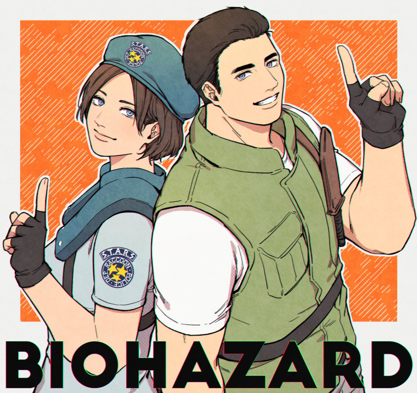 1boy, 1girl, back-to-back, beret, black_gloves, blue_eyes, blue_hair, blue_shirt