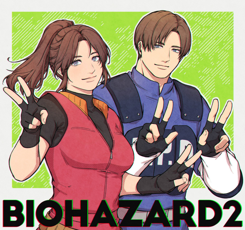 1boy, 1girl, black_gloves, black_shirt, blue_eyes, blue_shirt, border, breasts