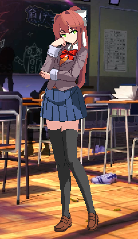 1girl, black_thighhighs, blazer, blue_skirt, bow, bowtie, brown_hair, brown_shoes, chair, chalkboard, classroom, collared_shirt, commentary, desk, doki_doki_literature_club, doki_doki_literature_club_school_uniform, english_commentary, full_body, green_eyes, grey_jacket, hair_between_eyes, hair_bow, head_rest, high_ponytail, indoors, jacket, loafers, long_hair, long_sleeves, looking_to_the_side, miniskirt, monika_(doki_doki_literature_club), nastpaper, orange_sweater_vest, penny_loafers, pixel_art, pixelated, pixelated_background, pleated_skirt, ponytail, red_bow, red_bowtie, school_chair, school_desk, school_uniform, shirt, shoes, skirt, sweater_vest, swept_bangs, thigh-highs, white_bow, zettai_ryouiki