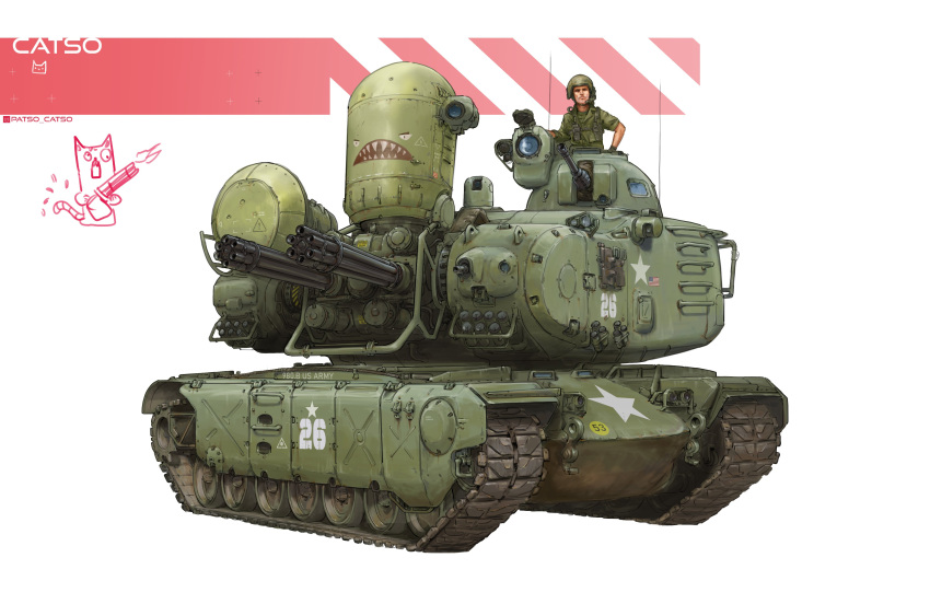 1boy, absurdres, artist_name, caterpillar_tracks, combat_helmet, commentary, english_commentary, gatling_gun