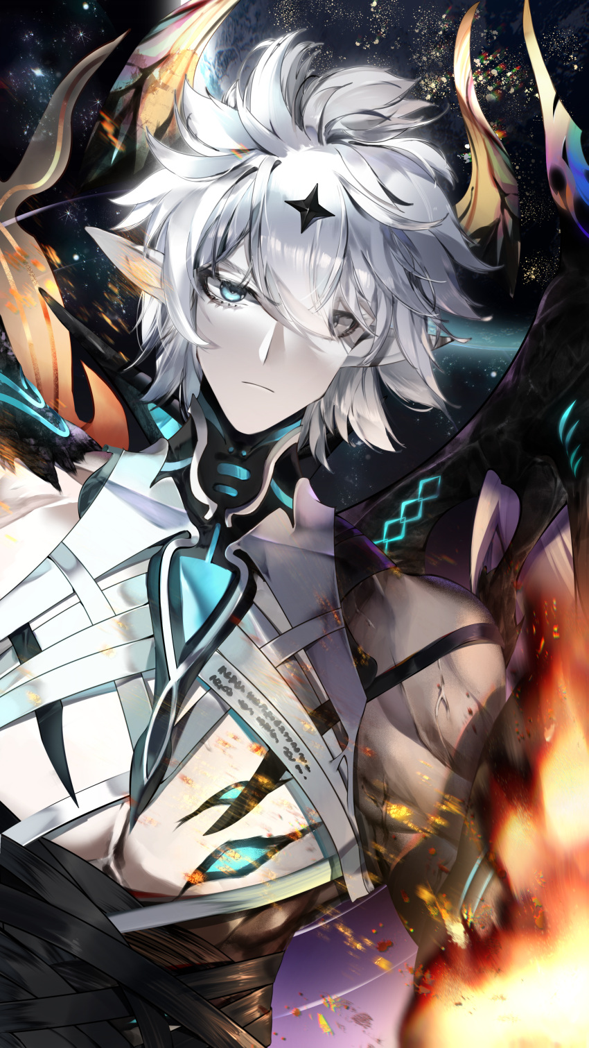 1boy, absurdres, alternate_form, bandaged_torso, blue_eyes, demon_boy, demon_horns, demon_wings