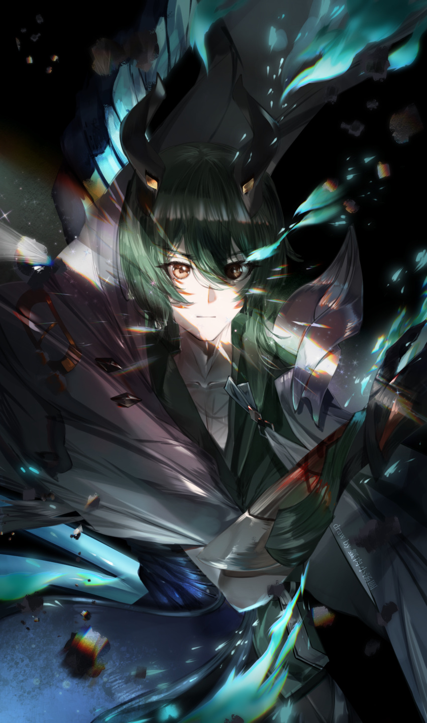 1boy, absurdres, black_horns, chinese_commentary, coat, commentary_request, eye_trail, green_hair