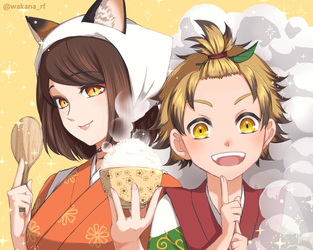 1boy, 1girl, animal_ear_fluff, animal_ears, blonde_hair, bowl, brown_hair, cat_girl