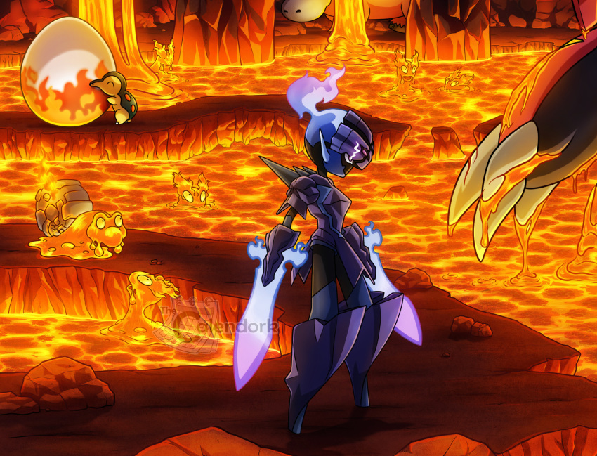 artist_name, camerupt, ceruledge, claws, closed_eyes, commentary, cyndaquil, ditto, egg, english_commentary, fire, flaming_eye, groudon, highres, lava, lava_bath, moltres, pokemon, pokemon_egg, pokemon_snap, primal_groudon, rock, slugma, thecalendork, transformed_ditto, violet_eyes, watermark