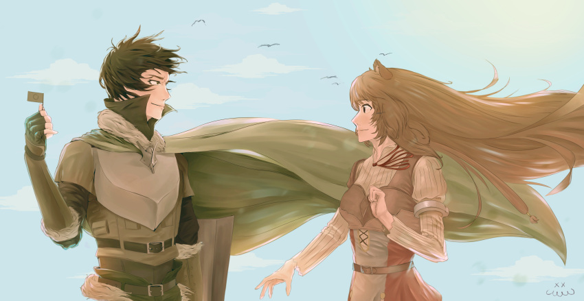 1boy, 1girl, absurdres, animal_ears, arm_shield, armor, artist_logo, belt, bird, black_dress, black_gloves, black_hair, black_shirt, blue_sky, bow, breastplate, breasts, brown_armor, brown_belt, brown_hair, brown_shirt, cloak, closed_mouth, clouds, cloudy_sky, collared_dress, collared_shirt, commentary, dress, emmiaw, english_commentary, fingerless_gloves, floating_cape, floating_hair, fur-trimmed_armor, fur-trimmed_hood, fur_trim, gloves, green_cloak, green_eyes, green_pants, grey_armor, hand_up, hands_up, high_collar, highres, hood, hood_down, hooded_cloak, iwatani_naofumi, layered_dress, layered_shirt, leather_armor, legendary_shield_(small_shield)_(tate_no_yuusha_no_nariagari), legendary_shield_(tate_no_yuusha_no_nariagari), logo, long_hair, long_sleeves, looking_at_another, medium_breasts, messy_hair, metal_arm_cuffs, neck_ribbon, no_tail, pants, pinstripe_dress, pinstripe_pattern, raccoon_ears, raphtalia, red_bow, red_eyes, red_ribbon, ribbon, shield, shirt, short_dress, short_hair, sky, sleeveless, sleeveless_dress, smile, straight_hair, tate_no_yuusha_no_nariagari, two-tone_dress, upper_body, vambraces, white_dress