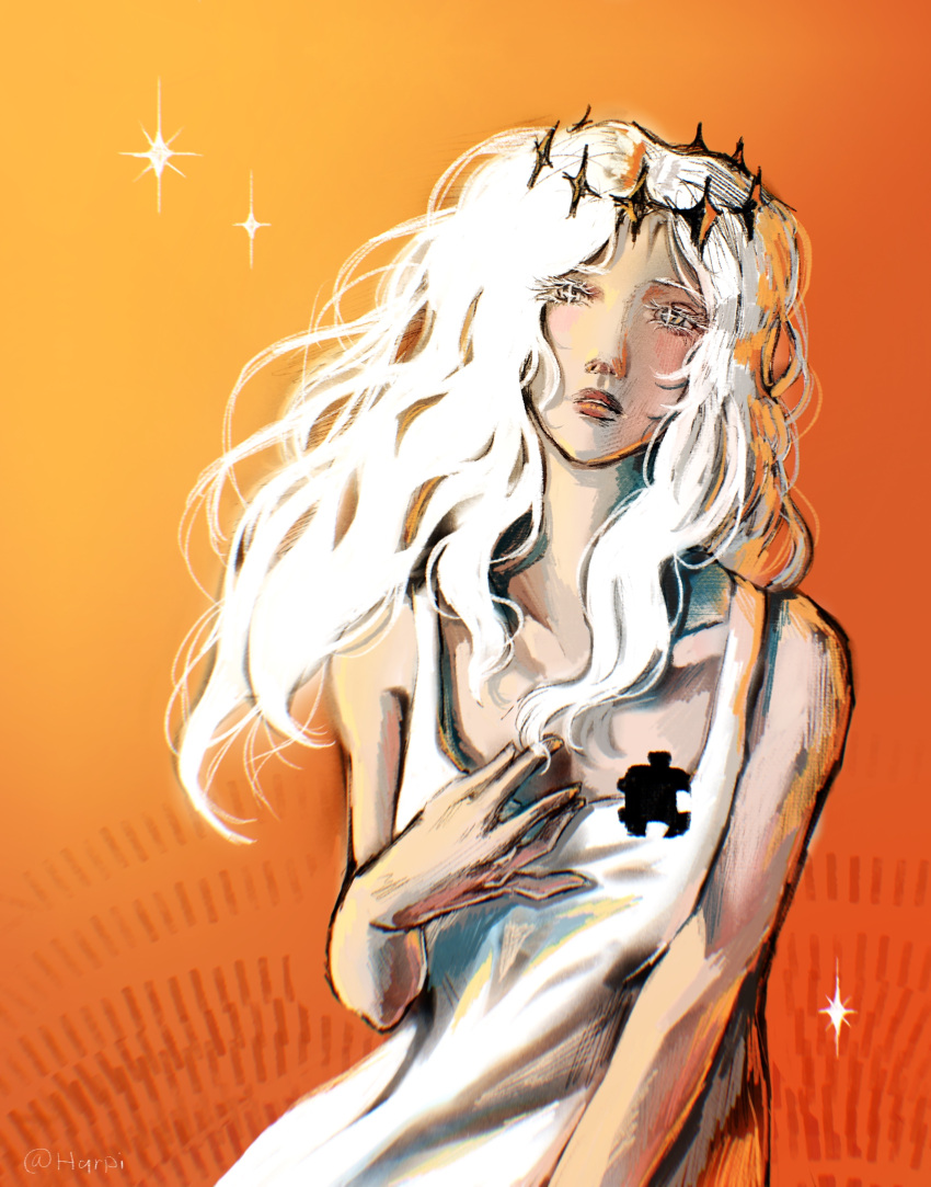 1girl, absurdres, aegyo_sal, bush, commentary, cowboy_shot, crown, dress, english_commentary, frown, grey_eyes, hand_on_own_chest, head_tilt, highres, hole_in_chest, hole_on_body, hqrp, long_hair, looking_at_viewer, nephis_(shadow_slave), parted_lips, puzzle_piece, red_lips, shadow_slave, solo, white_dress, white_hair, wind, wind_lift