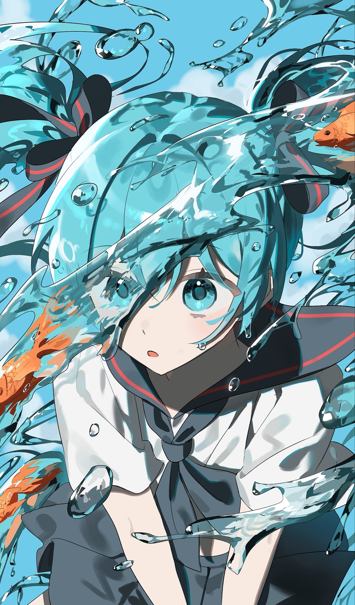 1girl, aqua_eyes, aqua_hair, black_bow, black_neckerchief, black_sailor_collar, black_skirt, bottle_miku