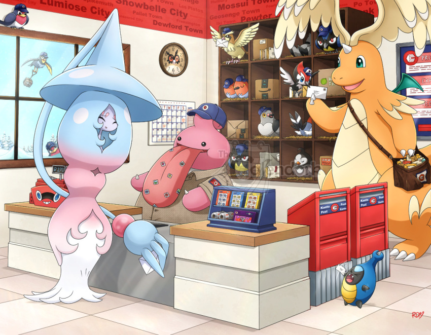 >_<, amazon_(company), analog_clock, aqua_eyes, artist_name, berry_(pokemon), bird, blue_hat