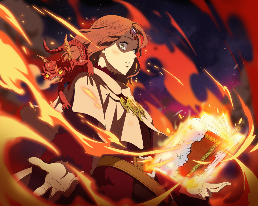 1girl, absurdres, belt, black_clover, black_clover_m:_rise_of_the_wizard_king, book, brown_belt, brown_hair, capelet, fana_(human)_(black_clover), fire, forehead_jewel, grimoire, highres, long_hair, looking_at_viewer, magic, non-web_source, official_art, open_book, pyrokinesis, salamander_(black_clover), solo, upper_body, white_capelet