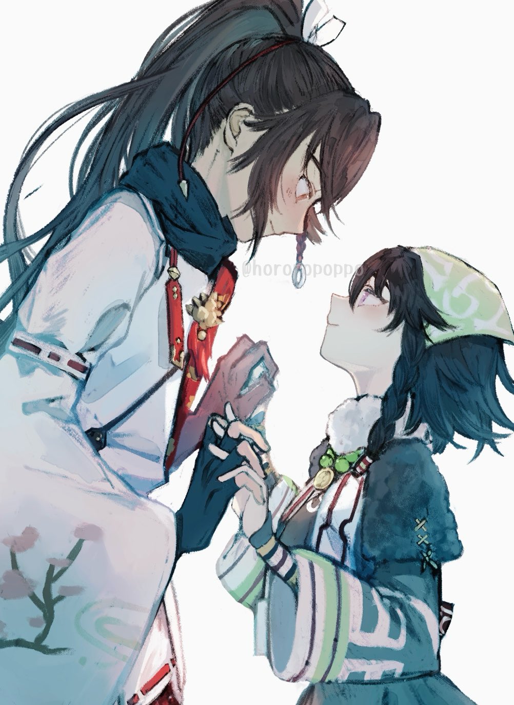 1boy, 1girl, ainu_clothes, black_hair, black_scarf, braid, braided_sidelocks, brown_hair