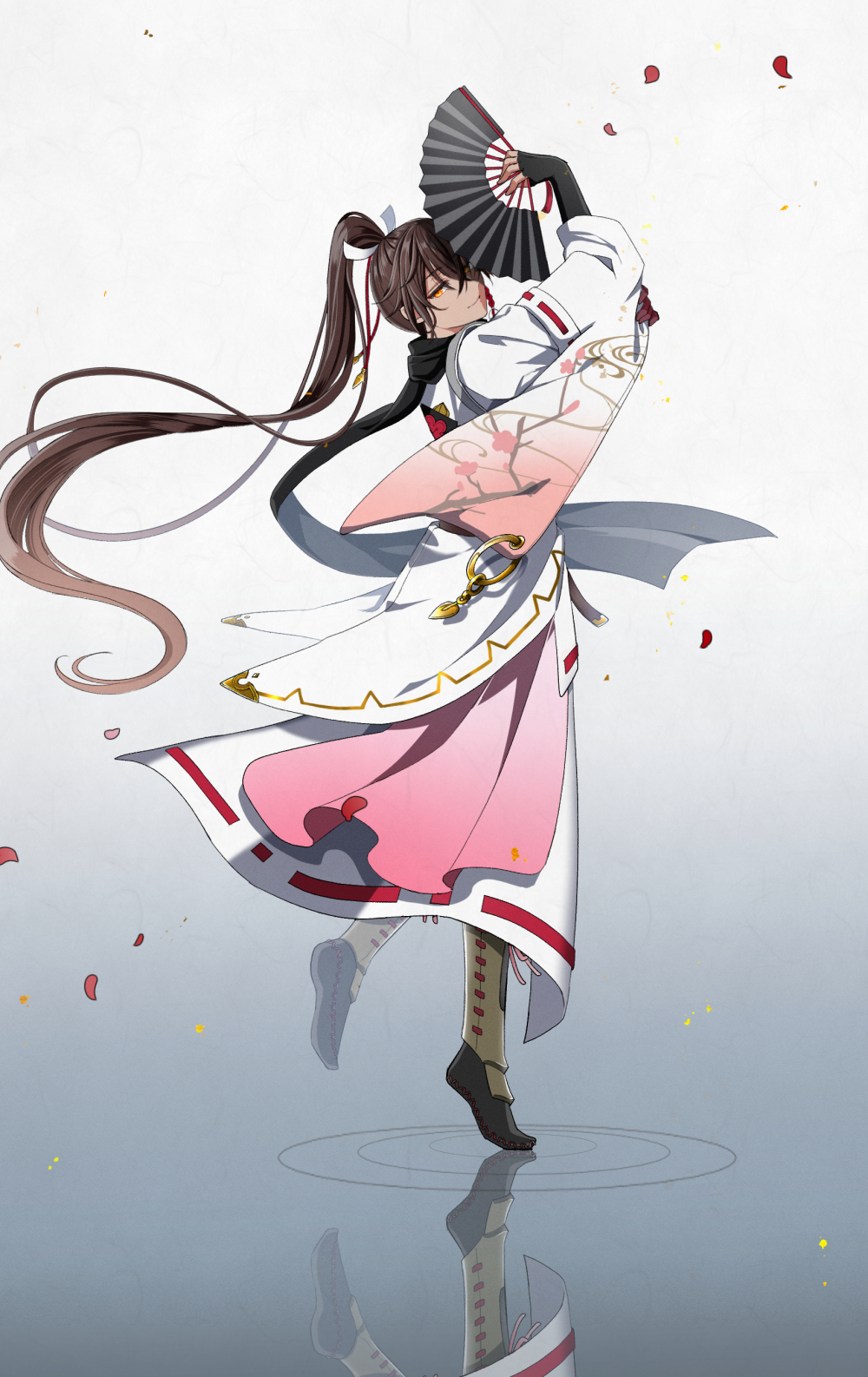 1boy, brown_hair, frilled_hand_fan, hair_between_eyes, hand_fan, highres, holding, holding_fan