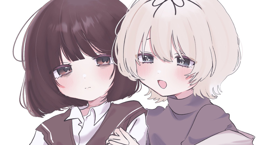 2girls, babumi_roriko, bags_under_eyes, brown_eyes, brown_hair, grey_eyes, hair_ribbon, hanamura_hinako